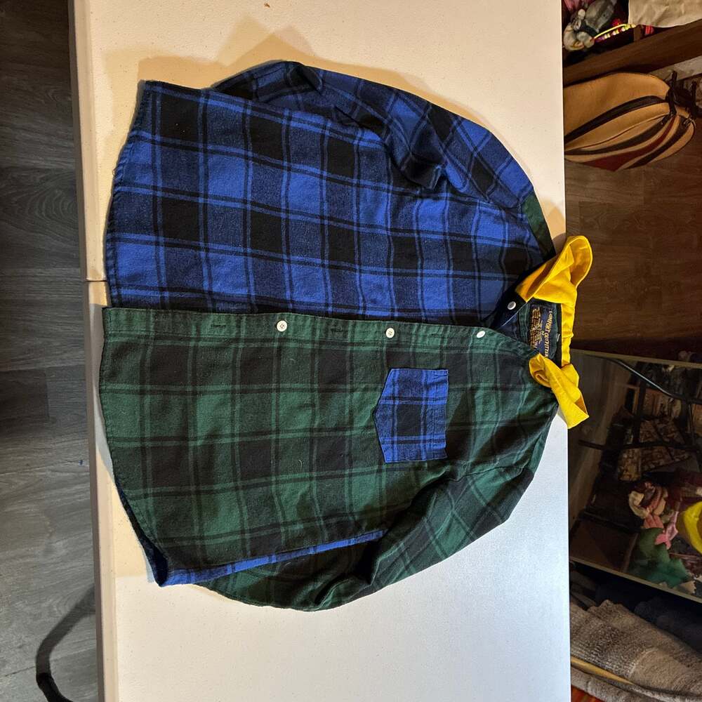 Comfort Outfitter Men's Medium Colorblock Plaid Hooded Flannel Shirt Blue Green